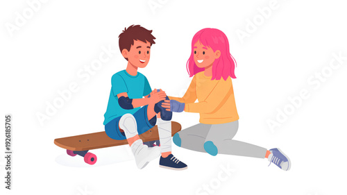A vector graphic illustration of a girl helping a boy with a knee brace on his knee while sitting on a skateboard on a transparent background