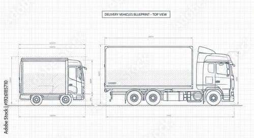 Detailed blueprint of two different sized trucks, showcasing design and dimensions.