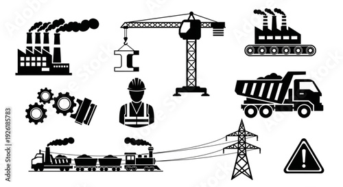 Industrial construction site with factory, crane, and transportation elements in black and white.