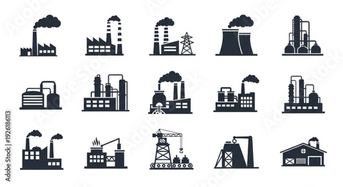 Industrial factory silhouettes representing various manufacturing and production facilities.