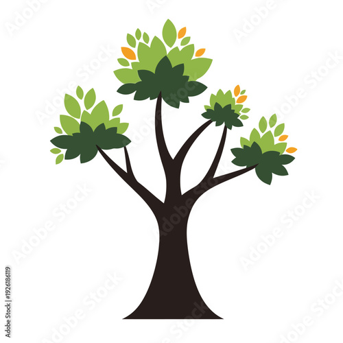 Stylized Tree with Green Leaves and Orange Accents - Vector Illustration