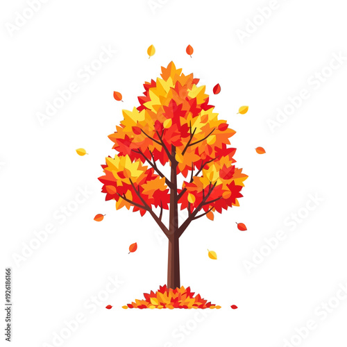 Vibrant Autumn Tree with Falling Leaves, Isolated on White Background