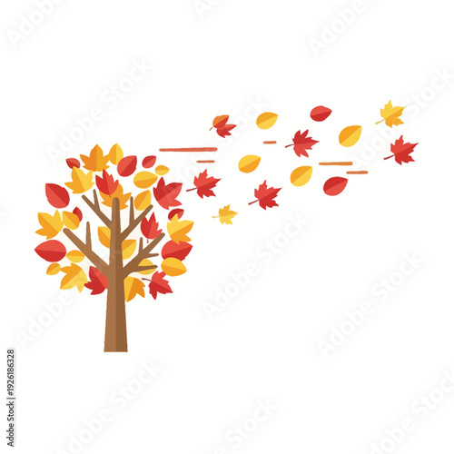 Autumn Tree Losing Leaves in Wind, Flat Design