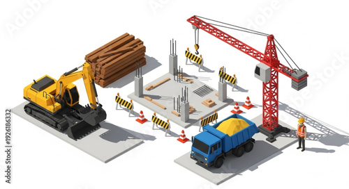 Construction Site with Crane and Machinery.