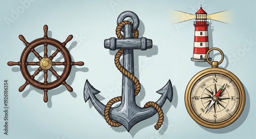 Nautical themed objects including a ships wheel, anchor, lighthouse, and compass.
