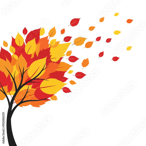 Autumn Tree with Falling Leaves in Red, Orange, and Yellow Colors - Vector Art