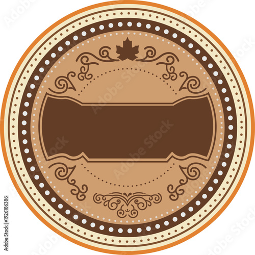 Vintage Ornamental Circular Badge Elegant Brown Label with Decorative Filigree and Maple Leaf