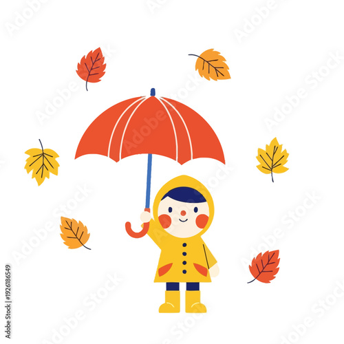Happy Child in Raincoat with Umbrella, Falling Autumn Leaves