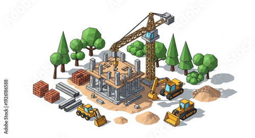 Construction Site with Crane and Machinery.