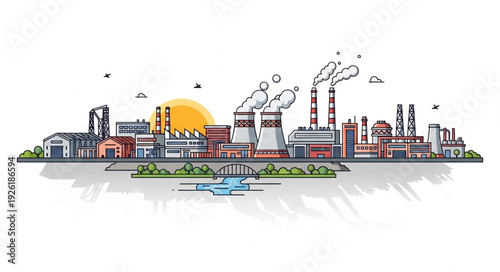 Industrial cityscape illustration featuring factories, chimneys, and environmental concerns.