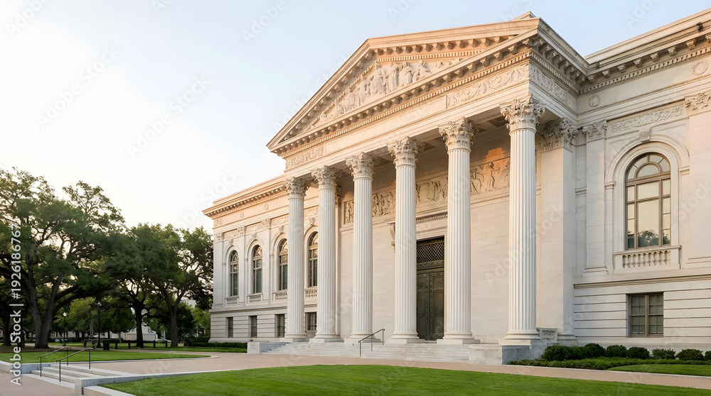 Fototapeta premium Grand white building with columns and arches viewed from the front, surrounded by green grass and trees, UPL concept reference