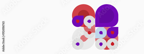 Abstract composition featuring overlapping circles. Purple, red, white hues create dynamic visual interest. Minimalist design, modern aesthetic.