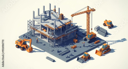 Construction Site with Crane and Machinery.