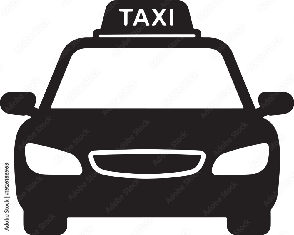 Obraz premium Black silhouette of a taxi car with a T A X I sign on its roof viewed from the front on a white background also transparent background