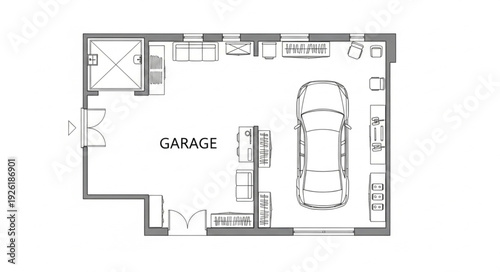 Detailed architectural blueprint of a residential garage with car and storage areas.