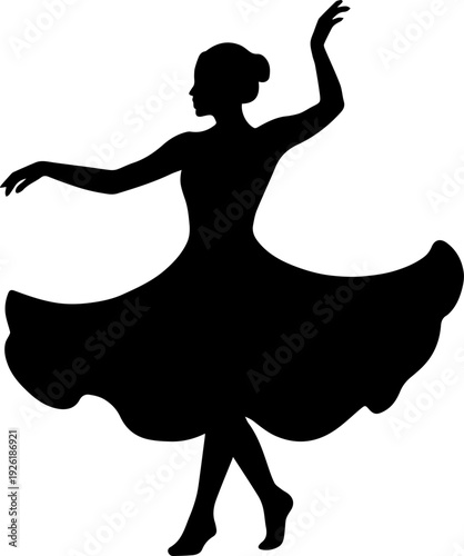 Black Silhouette of Graceful Dancing Woman in Flowing Dress Vector