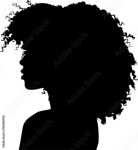 Black silhouette profile of a woman with natural curly afro hair on white background, vector graphic