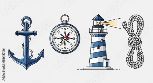 Nautical themed objects including anchor, compass, lighthouse, and rope, all related to sailing.