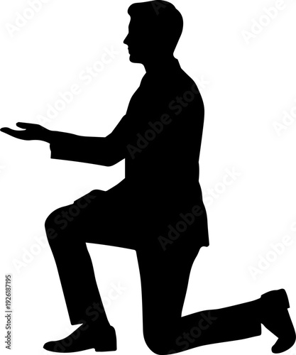Man Kneeling Silhouette with Open Hands Offering or Presenting Gesture Black Vector Graphic
