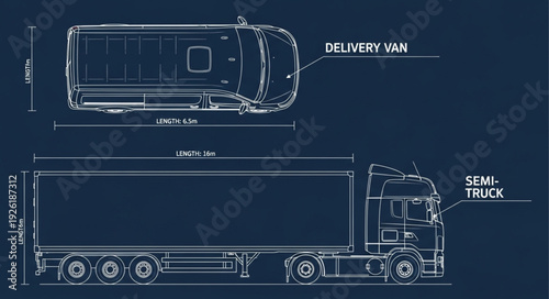 Detailed blueprint showcasing a delivery van and a semi-truck, illustrating transport.
