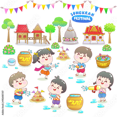 Cartoon kids and family in Songkran festival.