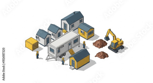 Construction Site with Buildings and Equipment.