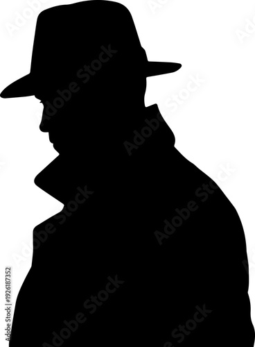Mysterious Man Silhouette in Fedora Hat and Trench Coat Vector Illustration