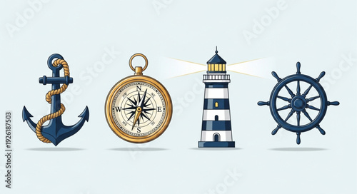 Nautical elements - anchor, compass, lighthouse, and ships wheel, maritime symbols.