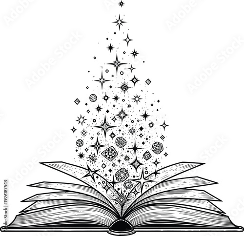 Open book releasing carved sparkles and stars upward, traditional printmaking style vector illustration digital art