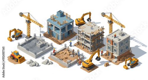 Construction Site with Buildings and Machinery.