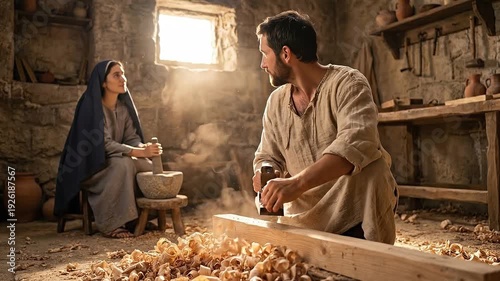 Holy Family in Nazareth with Jesus Carpentry and Mary Grinding Grain