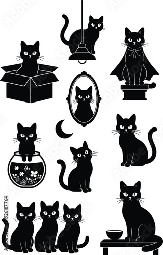 "Collection of stylish black silhouette cats in various playful poses including cats in a box, mirror, fish bowl, and more, perfect for cat lovers and illustrations."