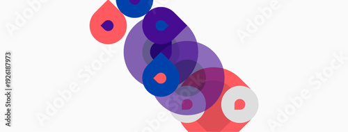 Abstract shapes overlap, creating vibrant color blends. Purple, blue, pink hues dominate simple composition. Modern design element.