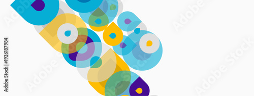 Abstract colorful circles overlap white background. Modern design, vibrant hues create dynamic composition. Simple shapes, playful aesthetic.