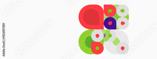 Abstract colorful circles overlap, creating dynamic composition. Bright hues contrast against white background. Modern design element.