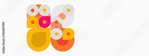 Abstract circles, varying sizes, orange hues dominate. Minimalist design, clean background, playful composition. Modern aesthetic, simple shapes.