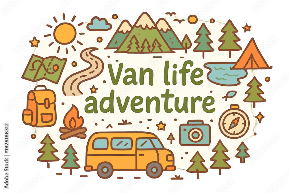 Fototapeta premium Van Life Doodles. Van life adventure. Hand-drawn doodle illustration of van life adventure. Camper van, map,