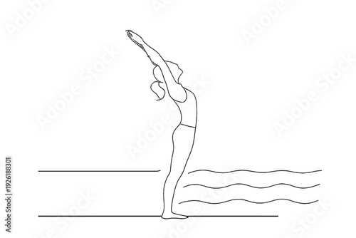 Yoga Ocean Harmony. "Sun Salutation". Minimalistic one-line drawing woman performing yoga sun salutation pose