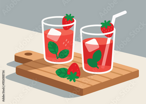 Two Glasses of Fresh Strawberry Drink Illustration Creative Design Template 