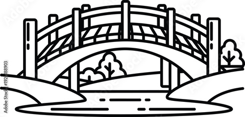 A simple black and white line drawing of a wooden bridge over a stream.