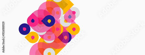 Abstract colorful circles overlap, creating vibrant patterns. Pink, purple, orange hues dominate white background. Modern design.