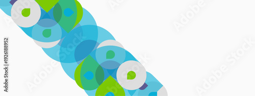 Abstract circles overlap, creating vibrant blue, green hues. White space dominates composition, offering clean aesthetic. Modern design element.