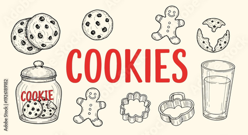 Black and white illustration of various cookies cookie cutters a jar and milk centered by red COOKIES text