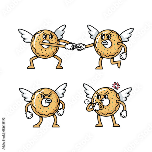 Angry cartoon cookies fighting and expressing emotions with wings and facial expressions