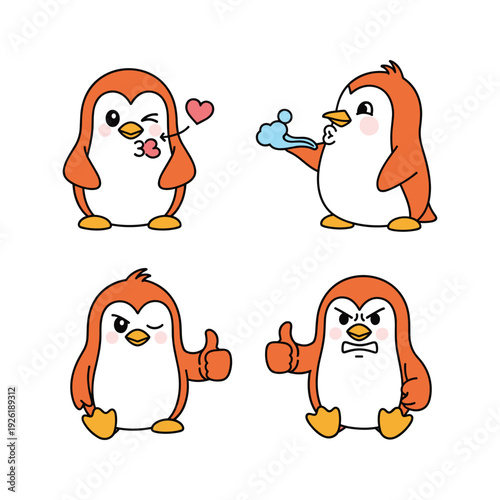 Cute cartoon penguins showing emotions and gestures with simple design
