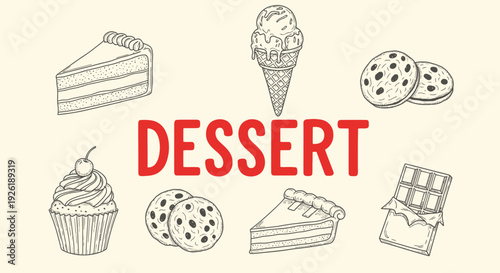 Black and white illustrations of desserts surround the red word DESSERT