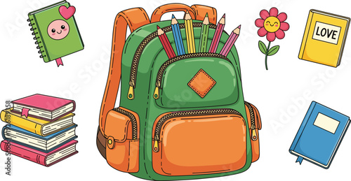 Cute School Backpack with Colorful Pencils and Books Illustration Set, Back to School Education Supplies Cartoon Vector Collection