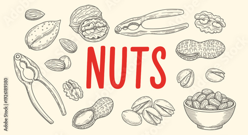Black and white illustration of various nuts and nutcrackers with red NUTS text