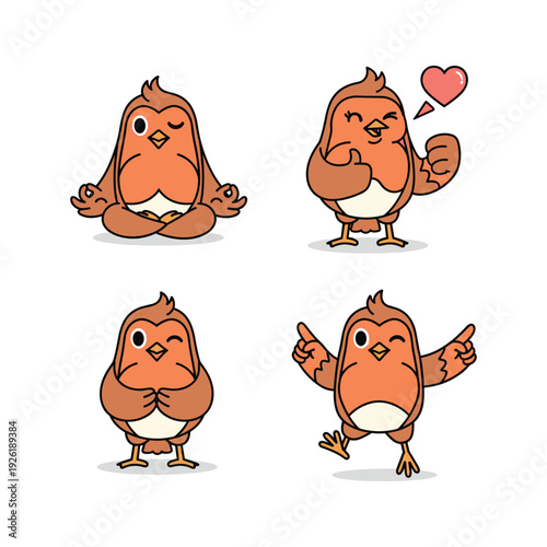 Cartoon bird characters showing emotions and gestures in various poses