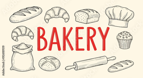 Black and white line art bakery icons surrounding bold red text reading BAKERY on cream background